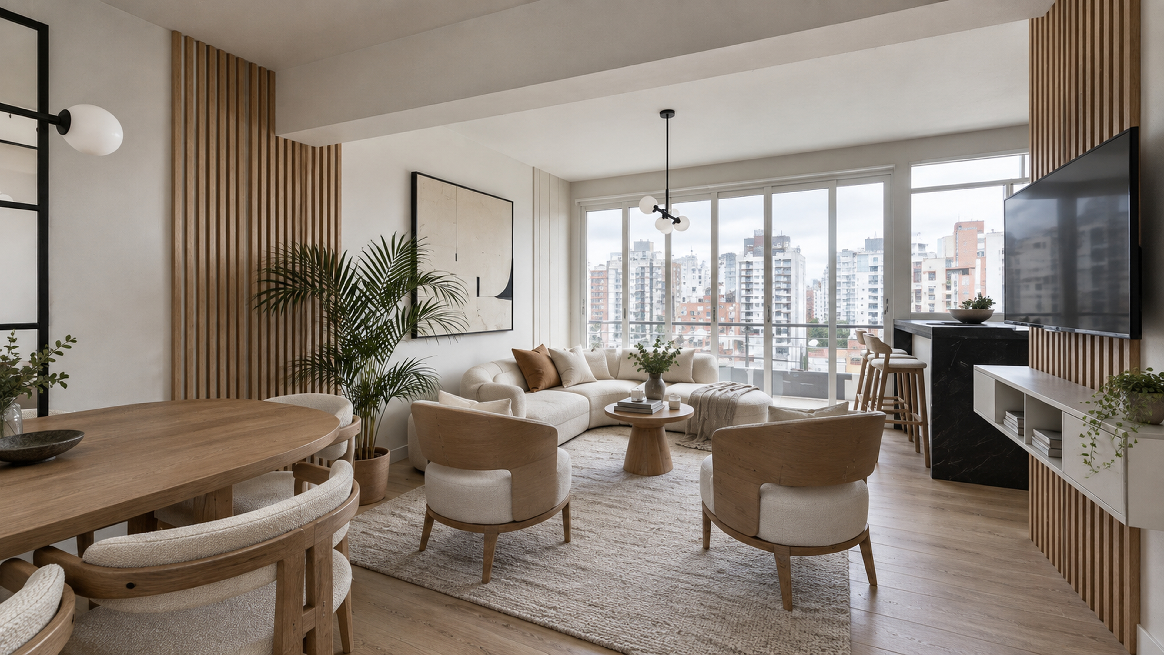 Sala contemporánea con luz natural y madera